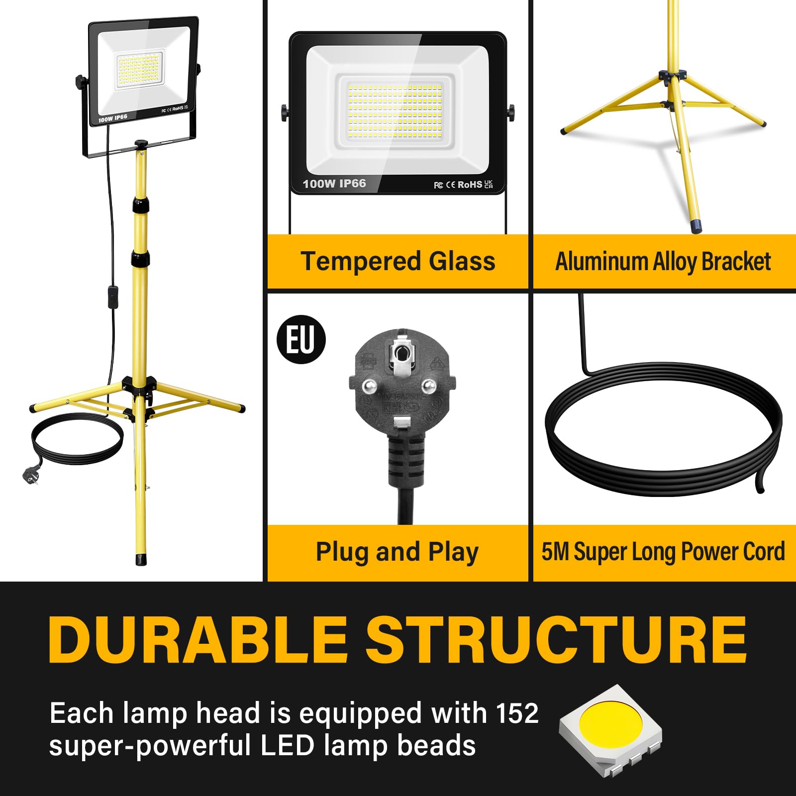 RIGIDON Foco LED 100W con Trípode Telescópico, 10000LM Luz de Trabajo Portátil, Proyector Impermeable para Taller, Obra, Garaje, Jardín, Interior y Exterior 6000K