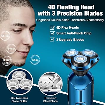 Electric Razor for Men, 3-in-1 Shaver with Floating Blades for Nose Hair &Sideburns,Replacement Blades, Pop-up Trimmer, IPX7 Waterproof, Travel Lock, Wet & Dry Use, Face Shaving Grooming Travel Kit