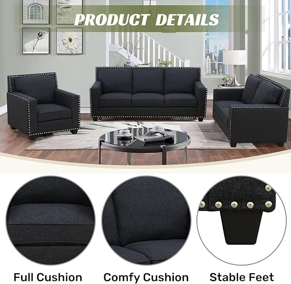 Chesterfield Sofa Set for Living Room Furniture Sets,Fabric Sofa Couch Set 3-Seater Sofa Couch with Soft Cushions for Living Room/Apartment/Office(Black,3-Seater Sofa)