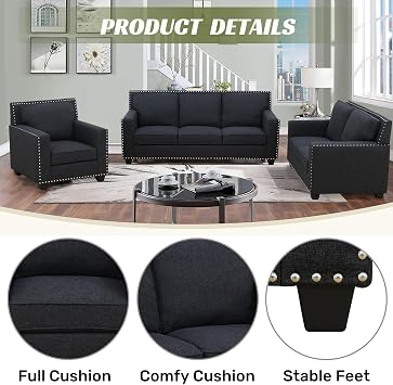 Chesterfield Sofa Set for Living Room Furniture Sets,Fabric Sofa Couch Set 3-Seater Sofa Couch with Soft Cushions for Living Room/Apartment/Office(Black,3-Seater Sofa)