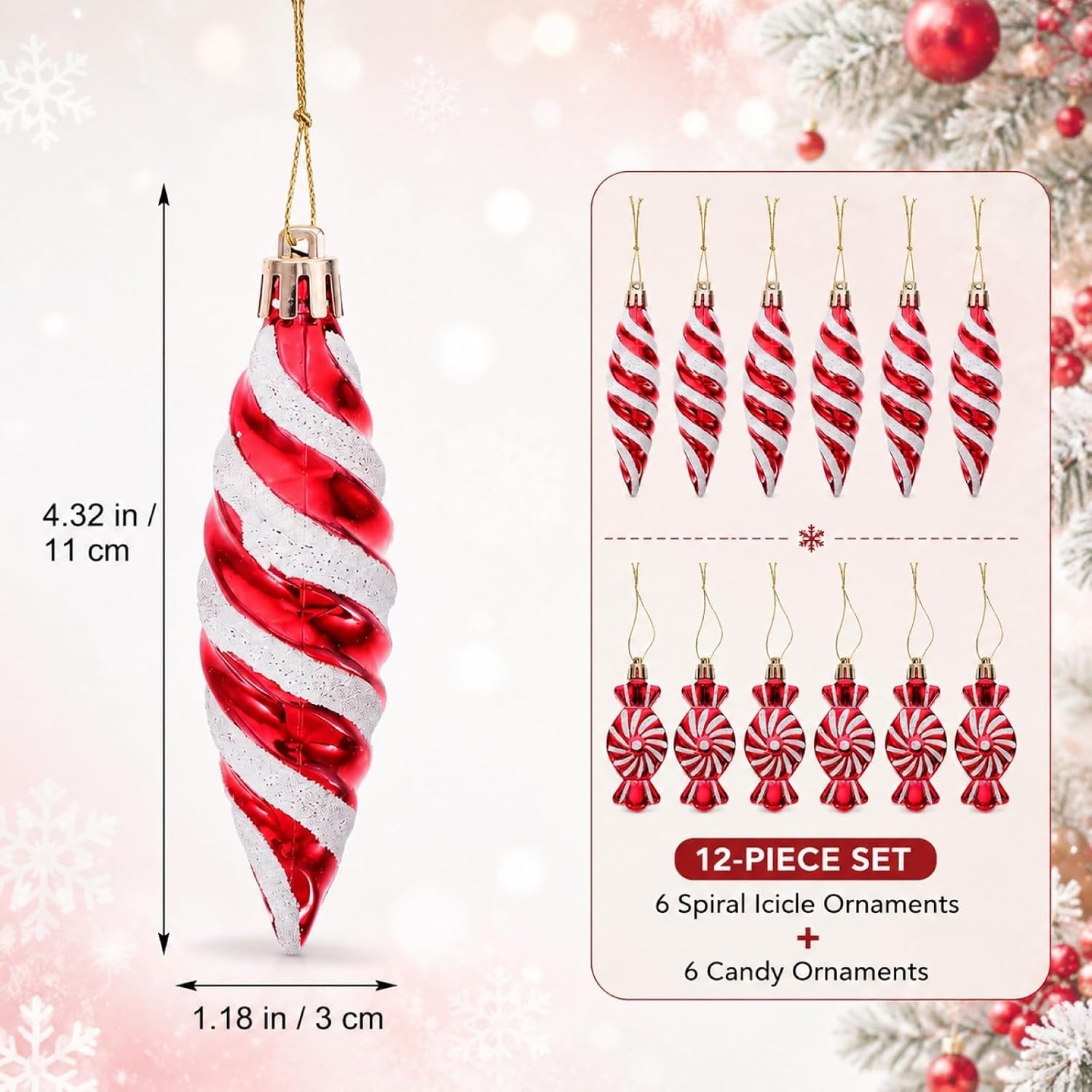 LUOZZY 12 Pcs Christmas Tree Candy Cane Hanging Decorations Ornaments Xmas Party Supplies (Red)