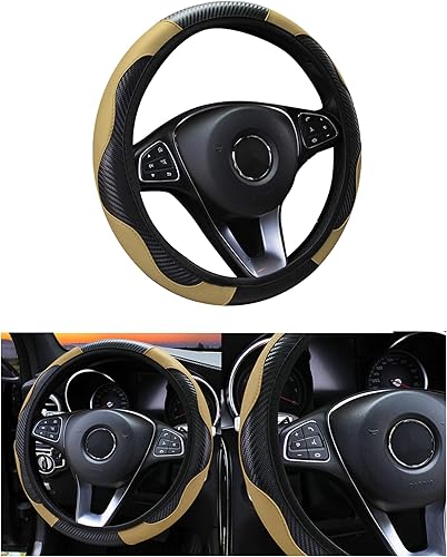 Funda de volante de coche, 38 cm, de fibra de carbono, de microfibra, de PU, de cuero elástico, protector de volante antideslizante y transpirable