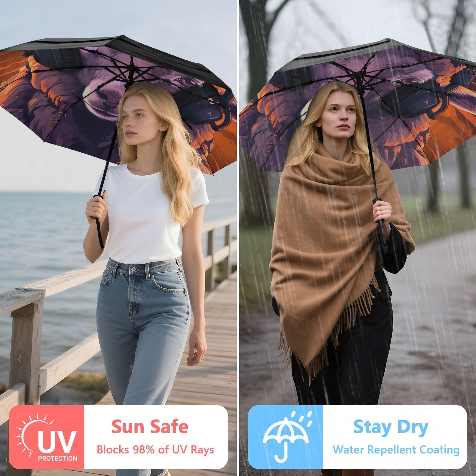 Ovejas De MúSica Fresca Paraguas de Viaje Resistente al Viento Apertura Cierre AutomáTicos,Compacto con ProteccióN Solar UPF 50+ Ideal para JóVenes Chicas
