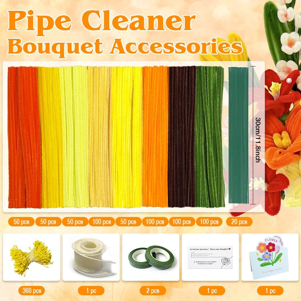 985-Pieces Sunflower Craft Kit - Golden Yellow & Orange Pipe Cleaners with Floral Supplies for DIY Sunflower, Tulip & Lily Making - Complete Flower Crafting Set