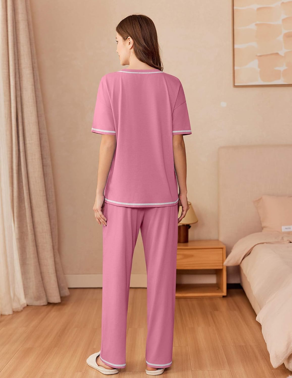 Ekouaer Cotton Pajamas Sets for Women Soft Contrast Piping Lounge Set 2 Piece Short Sleeve Pj Set with Pockets - Image 4