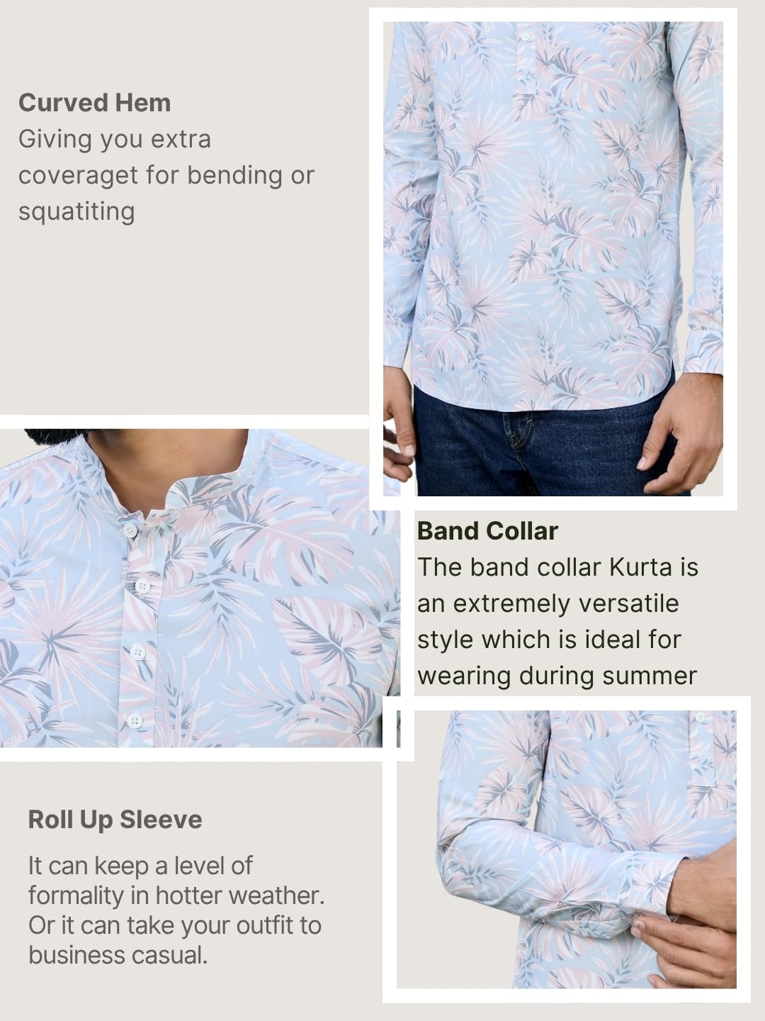 See Designs Men's Roll-Up Sleeve Mandarin Collar Blue-Pink Tropical Printed Rayon Short Kurta - Sdkt2933Xl