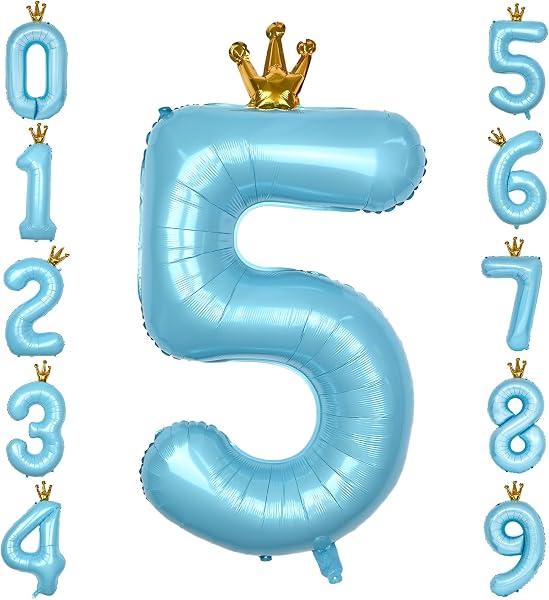 GRESATEK バルーン 数字 風船 誕生日 40インチ 大きい ナンバー5 バースデーバルーン 王冠付き クラウン 飾り付け 結婚式 パーティー 記念日 ウェディング ブルー - 1