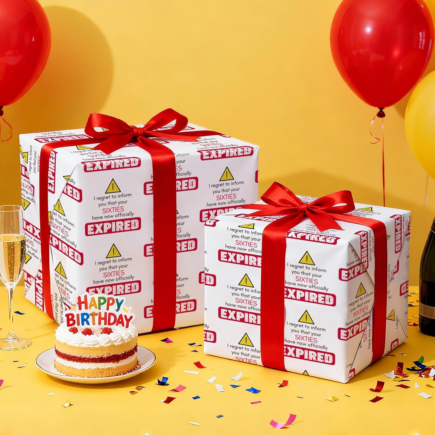 RUSPEPA Funny 60th Birthday Wrapping Paper Roll for Adults, Mini Roll, Warning Sign & EXPIRED Gag Gift Pattern Gift Wrap for Milestone 60th Birthday, Prank Gifts, Party Décor, 17 Inches x 16.4 Feet image 5