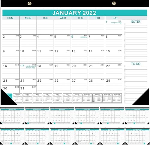 Miniatura 5 de WuuPoo Calendario de escritorio 2022 calendario mensual grande de pared de 17 x 12 pulgadas con 2 cuerdas colgantes papel grueso con protectores de