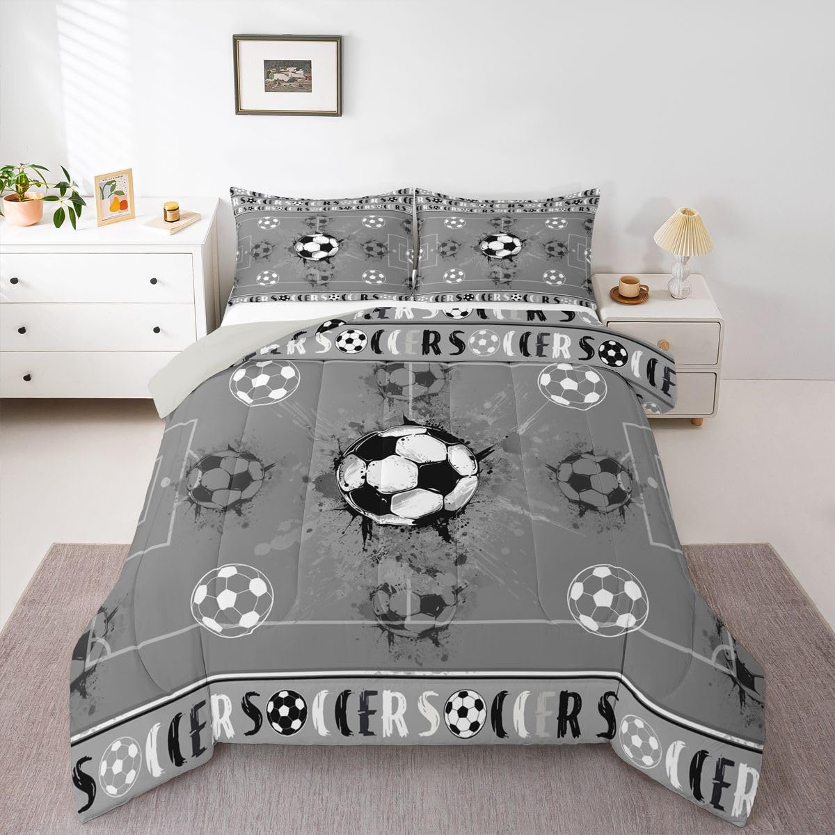 Castle Fairy Soccer Bedding Sets Full Size,Football Boys Sports Games Reversible Down Comforter Breathable Polyester Quilt Set,Gray Field Black White Graffiti Duvet Insert,2 Pillowcases