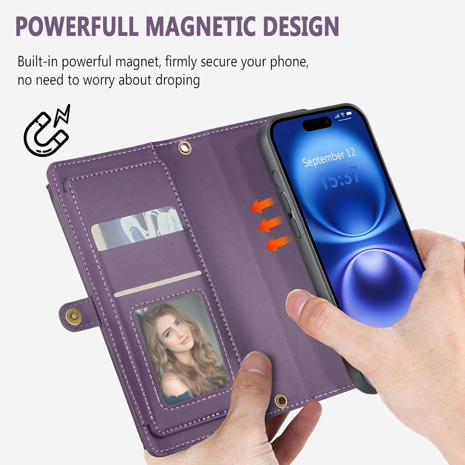 Wallet Case for iPhone 16 with Card Holder/Crossbody Wallet/Strap,[RFID Blocking][Magnetic] PU Leather Shockproof Protective Cover iPhone 16 Phone Case,6.1in,Purple