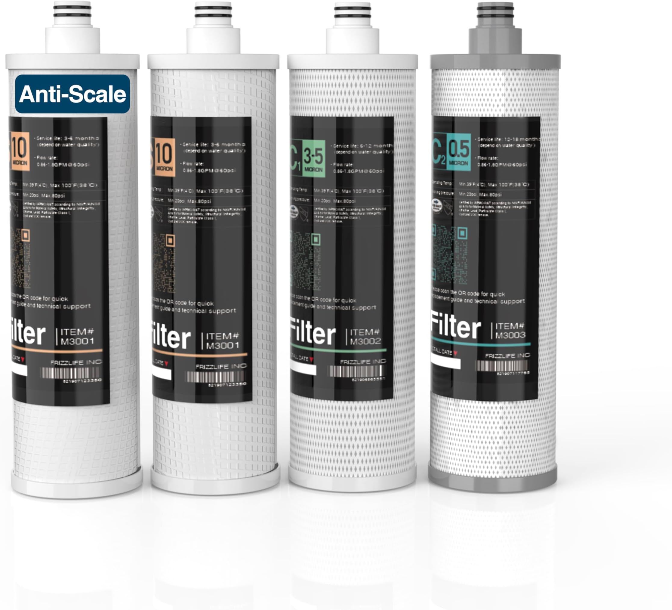 Frizzlife M3005 Upgraded Anti-Scale Replacement Filter Cartridge Set (4 Pack) for SK99,SP99,SK99 NEW and SP99 NEW Under Sink Water Filter System
