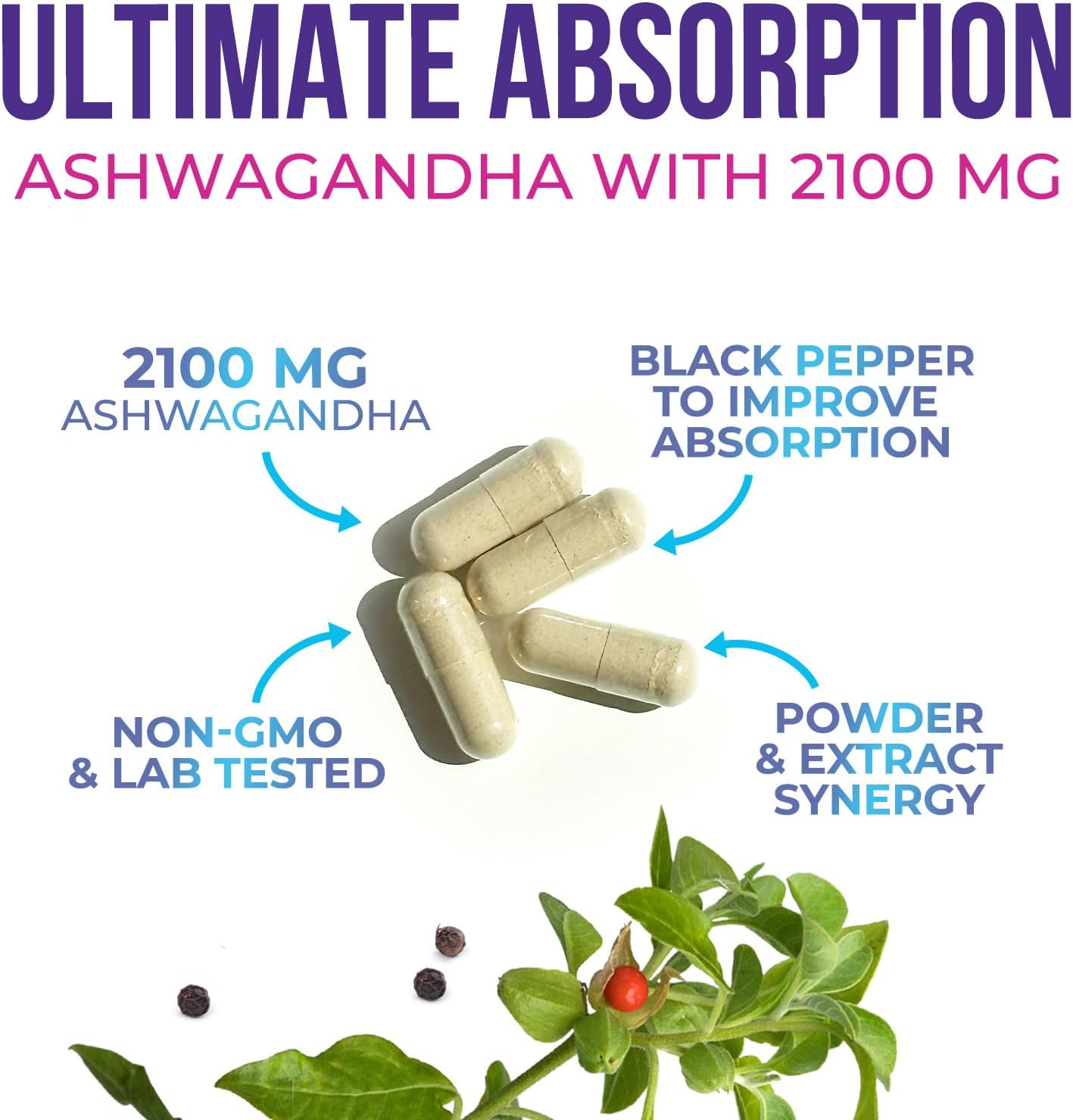 Ashwagandha Supplements - 2100mg Ashwagandha Capsule for Women & Men, Natural Antioxidant Support, Ashwa Root Extract, Extra Strength Calm Support with Black Pepper, Vegan & Gluten Free - 120 Capsules - Image 3
