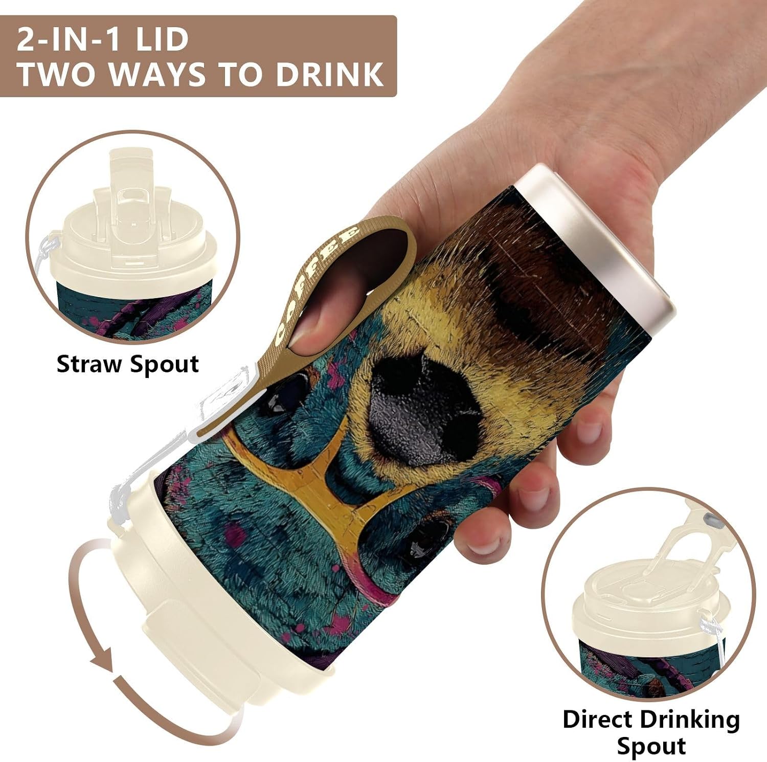 Otter Headphone Insulated Coffee Mug with Straw & Flip Lid, 16.9oz Iced Tumbler Cup, Double Wall Vacuum Mug for Travel Office