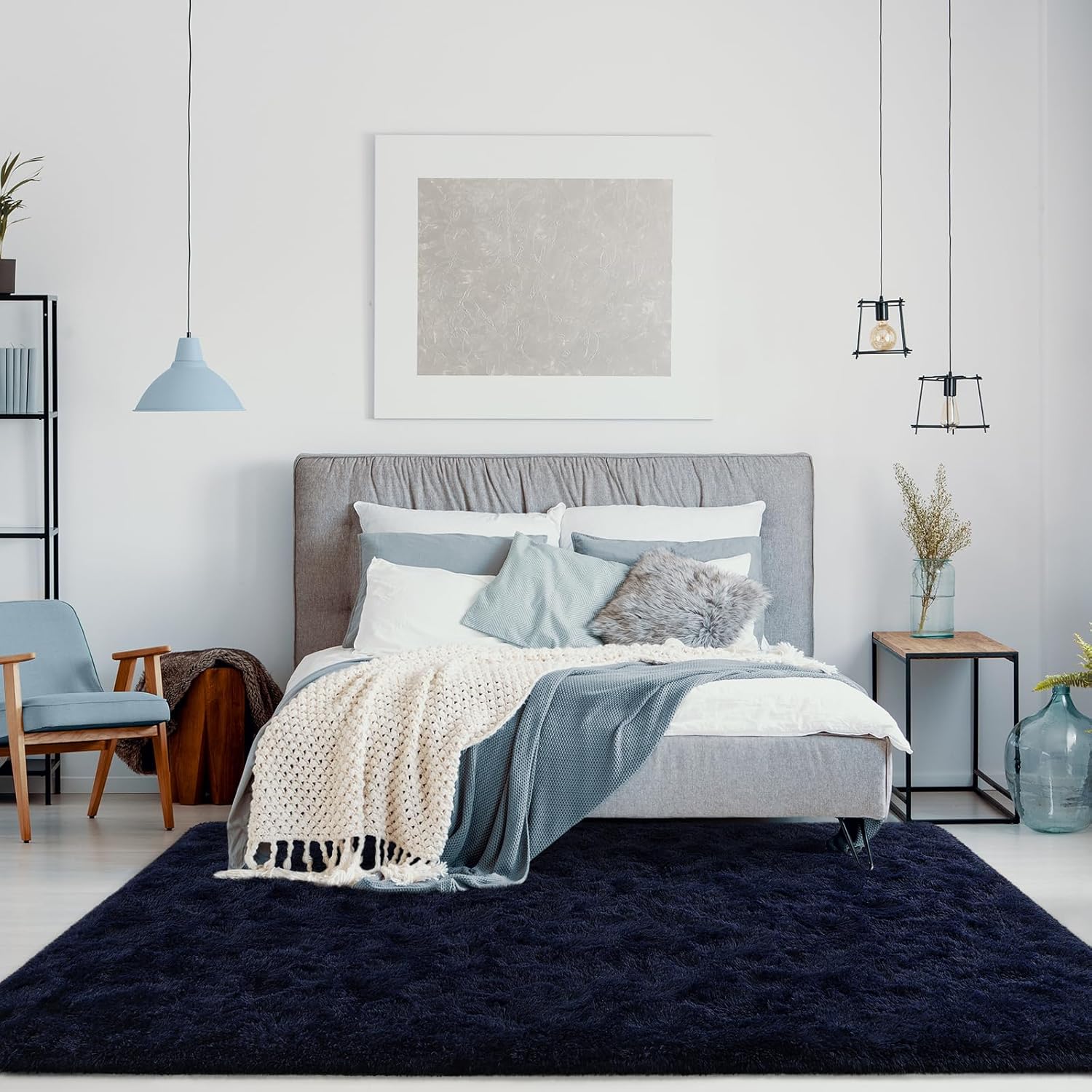 Jelymark Super Soft Shaggy Rug for Bedroom, 5x8 Feet Fluffy Carpet for Living Room, Fuzzy Indoor Plush Area Rug for Home Decor, Furry Floor Rugs for Dorm, Kids Nursery Rug for Girls, Deep Navy