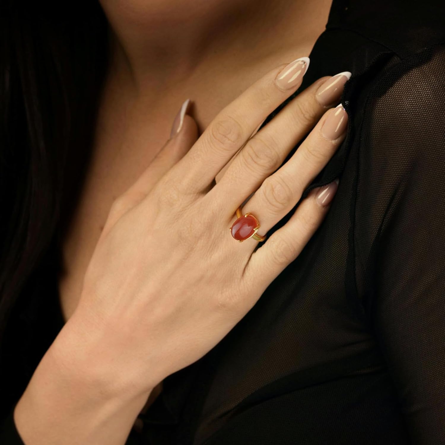 Carnelian Ring, Non Tarnish 14k Gold Plated Natural Red Agate Rings for Women, Adjustable Oval Shape Gemstone Orange Ring for Carnelian Jewelry - Image 4