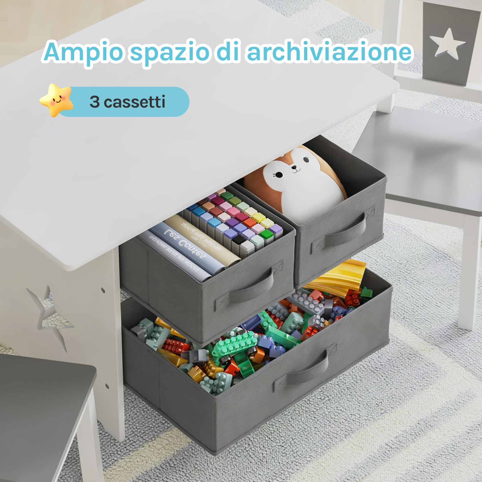 WOLTU Tavolo per Bambini, Scrivania, Tavolino | con Cassetti Tavolino con 2 Sedie in Legno