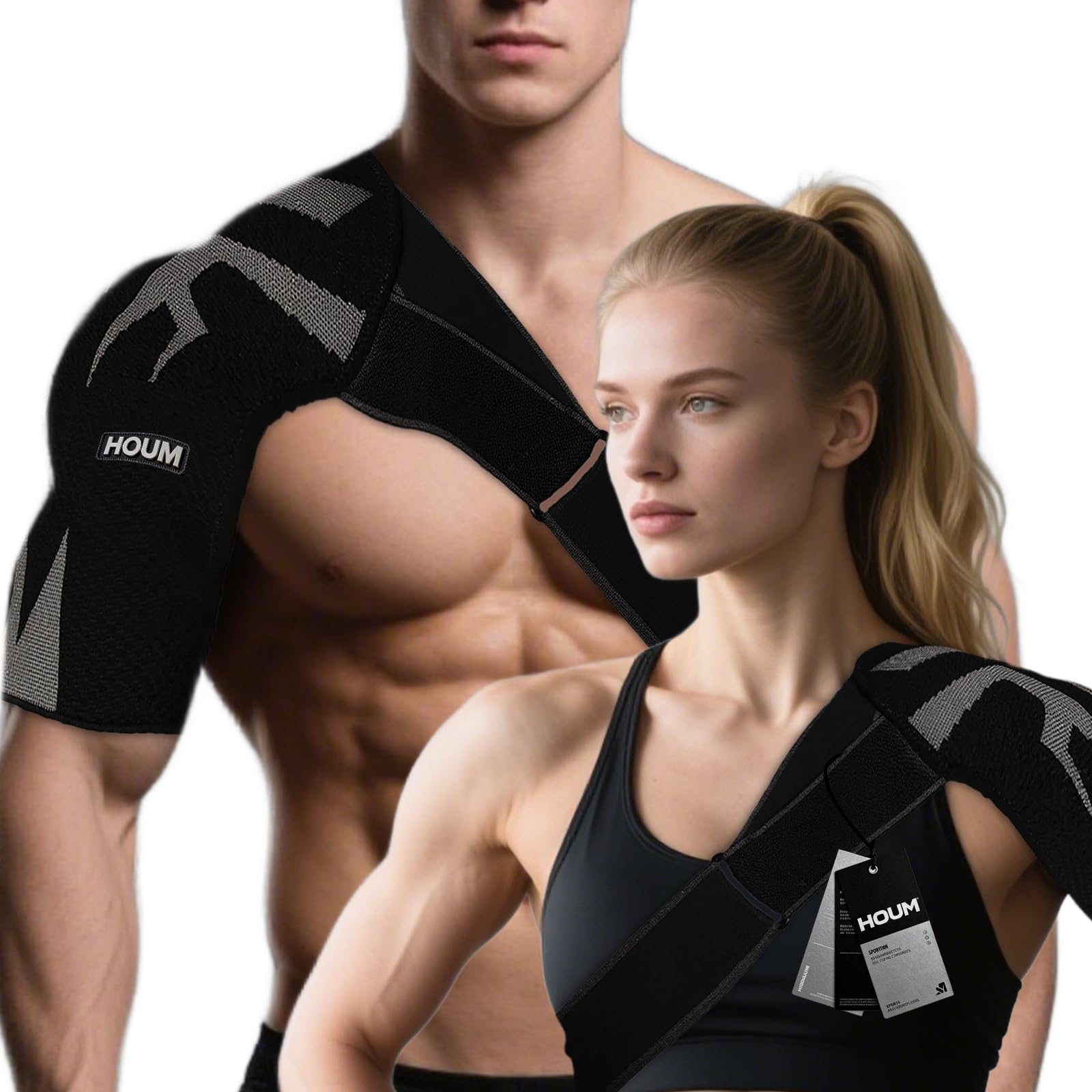 HOUM Rotator Cuff Shoulder Brace with Adjustable Compression Sleeve, Hot/Cold Pack Compatible, Breathable Shoulder Support for Pain Relief, Fits Left/