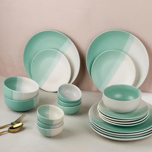 The Earth Store Tritone Green Matte Marble 21 Piece Ceramic Dinner Set