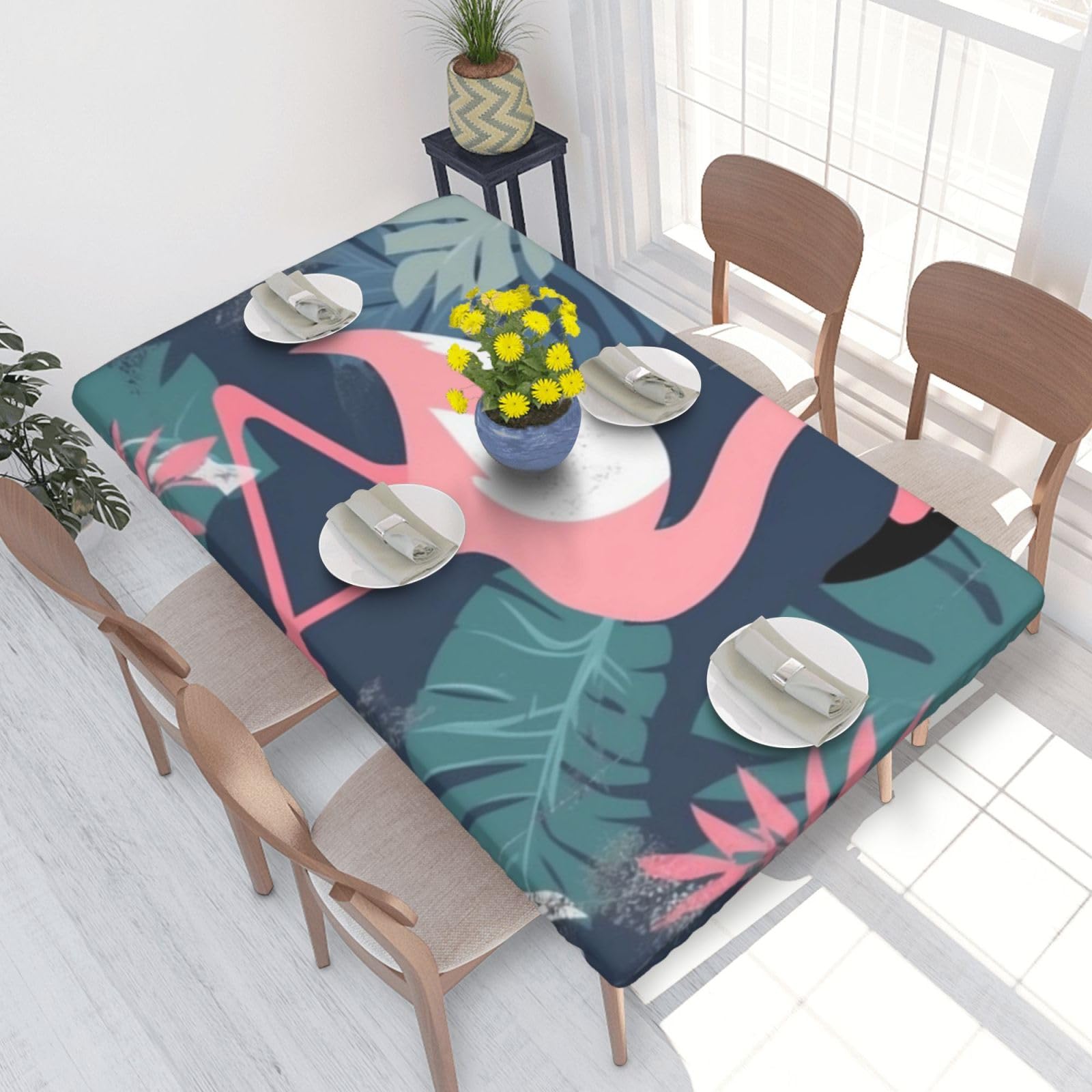 DCARSETCV Flamingo and Leaves Printed 4FT Waterproof Tablecloth with Elastic Edged Protect & Decor Your Table, Oil-proof Washable Table Cloth Cover for Dinner Picnic Party