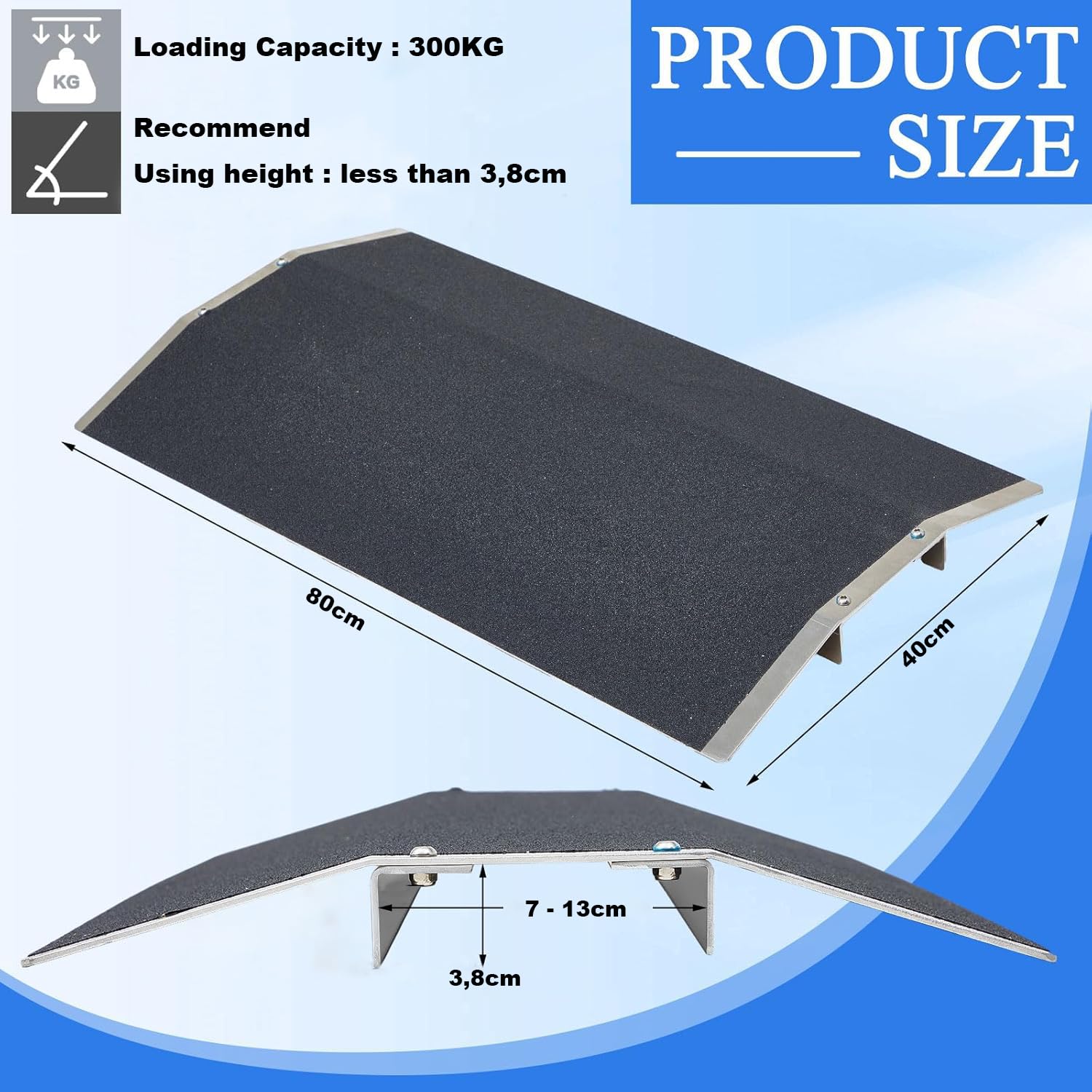 Rampe per sedie a rotelle, Rampa in alluminio con telaio di supporto e superficie antiscivolo, Capacità 300kg, per disabili, 80 x 40cm