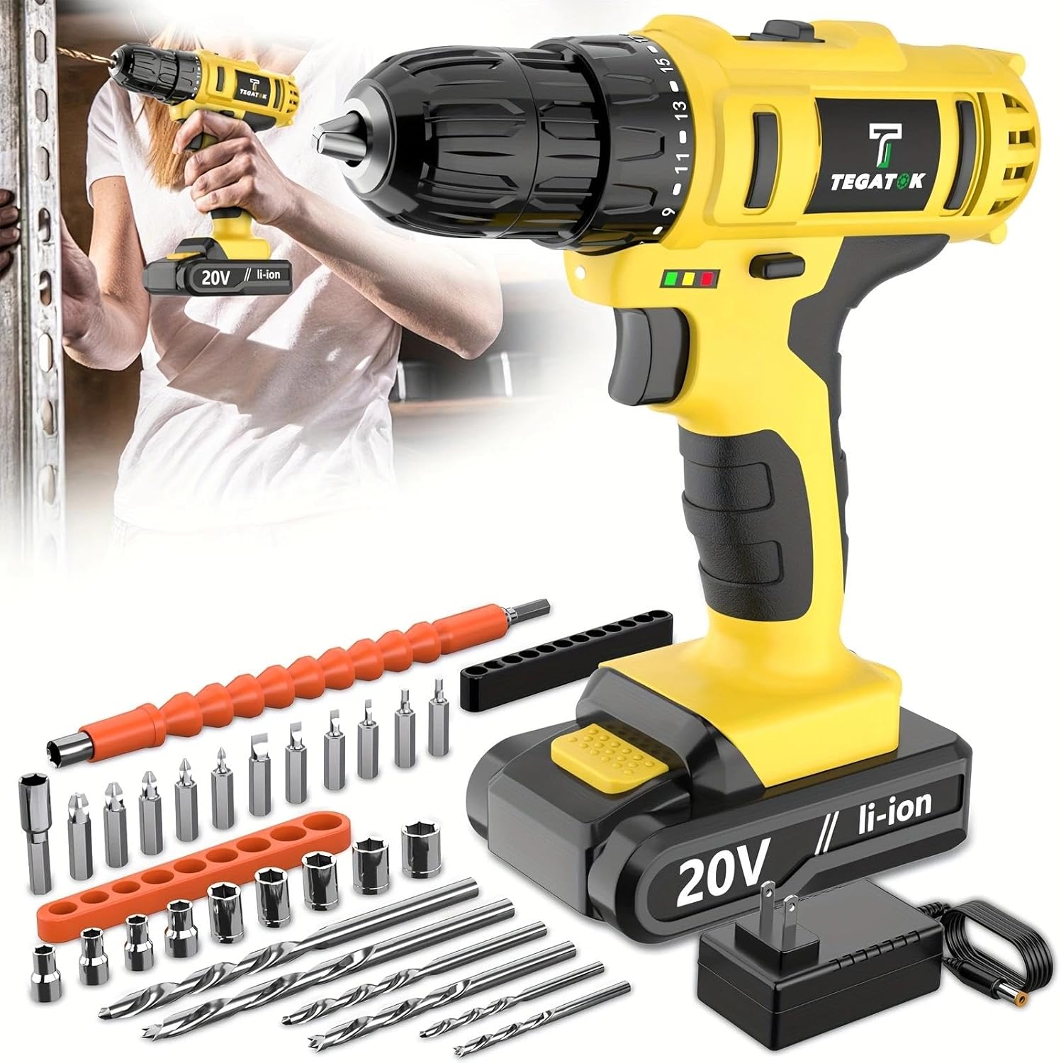 Cordless Drill, Including Battery And Charger, Equipped With An LED Light, Suitable For Home Renovation And Maintenance