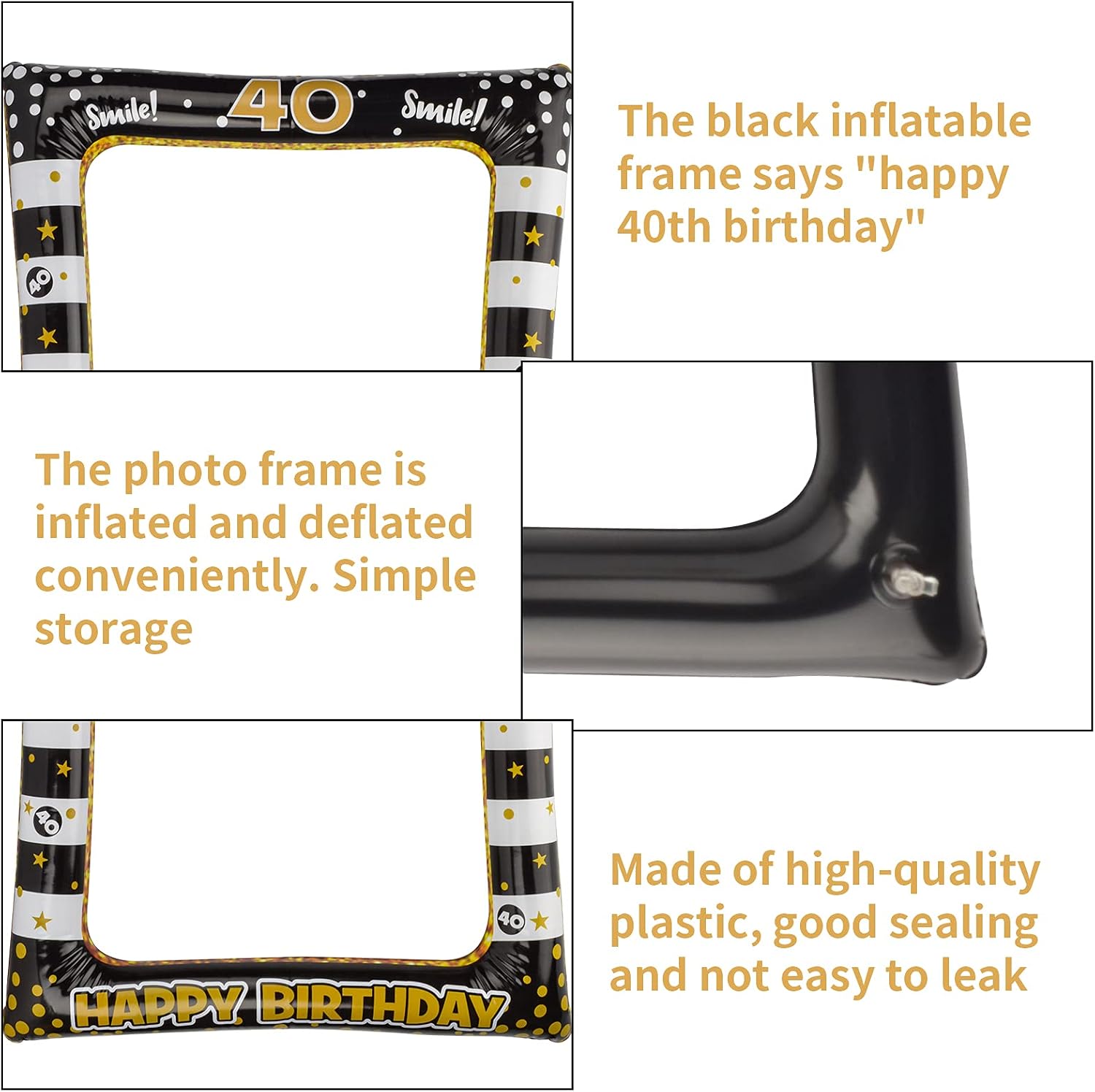 AIBAOBAO 35Pcs 40th Birthday Decorations Men Women, Black Gold Inflatable Selfie Frame & Photo Booth Props - Image 5