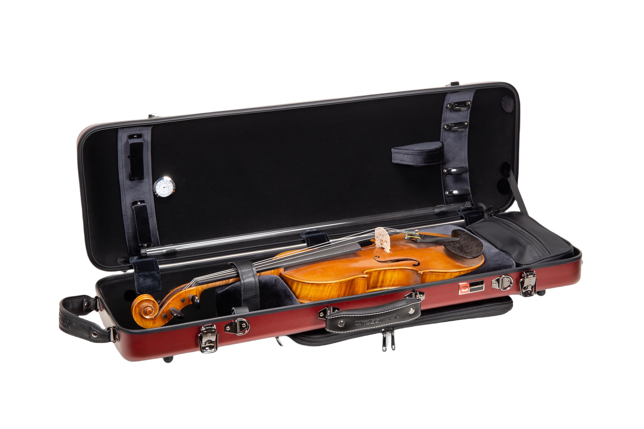 Crossrock Estuche Rectangular de policarbonato para violín 4/4 de tamaño Completo, Acabado Rojo Mate, higrómetro, Bolsa de música, Almacenamiento de Accesorios, Carcasa Dura Ligera, Color Rojo