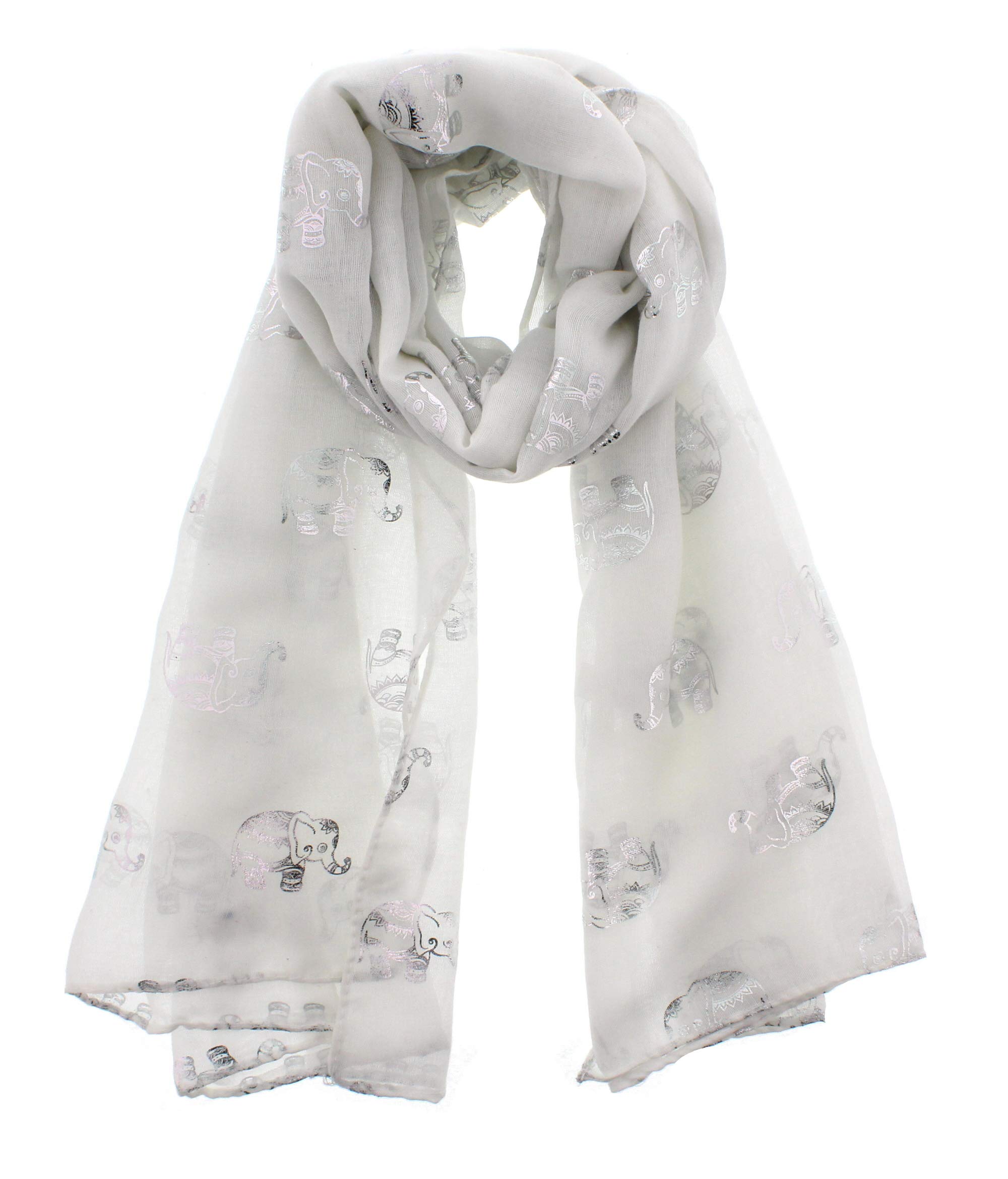 Zac's Alter Ego Women's White Scarf With Silver Foil Metallic Glitter Elephant Print