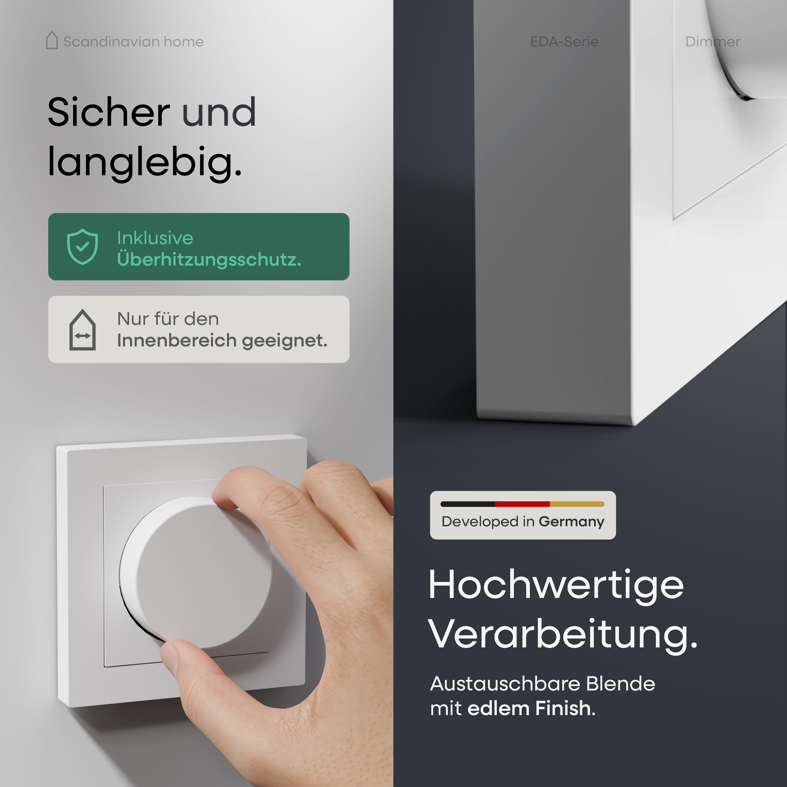 Scandinavian home Dimmer für LED Lampen 3-300W / VA - Universeller LED Dimmer Schalter mit Phasenabschnitt, Standardmaß 55 - Unterputz LED Dimmer 230V Dimmschalter Drehdimmer - Blende Weiß Glänzend