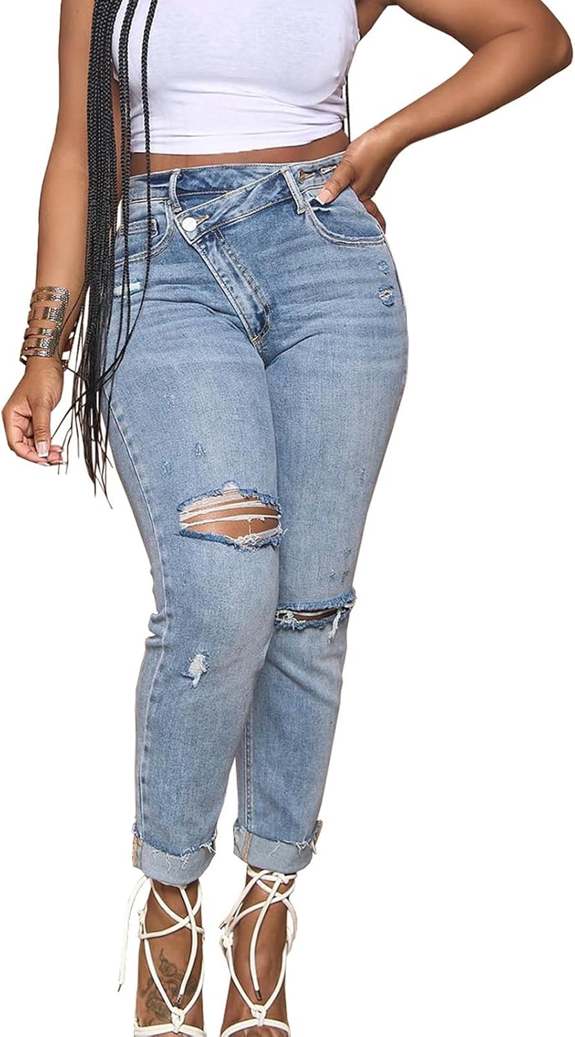 Women's Asymmetrical Ripped Jeans Trendy Stretch Skinny Boyfriend Jean Distressed Denim Pants for Women