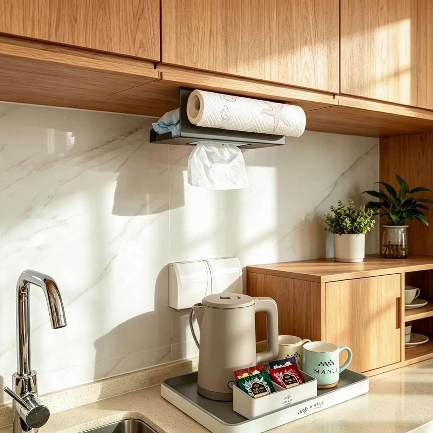 Under-Cabinet Paper Towel Holder — 2-in-1 Multifunctional, Wall-Mounted, Carbon Steel Construction. Suitable for Installation Beneath Cabinets in Kitchens, Bathrooms, Storage Units, and More.(Grey)