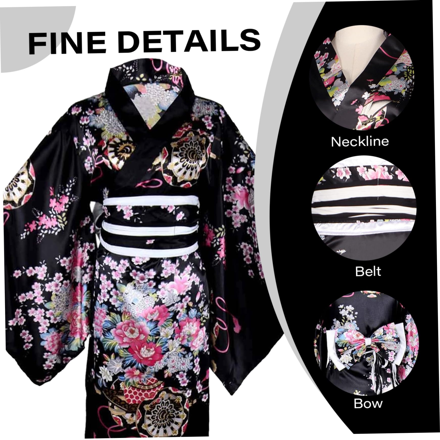 Yeory Yukata pour Femmes, Motif Floral de Robe Japonais, Robes de Kimono en Fleur Traditionnelle, Robe de Chambre Japonaise Noire