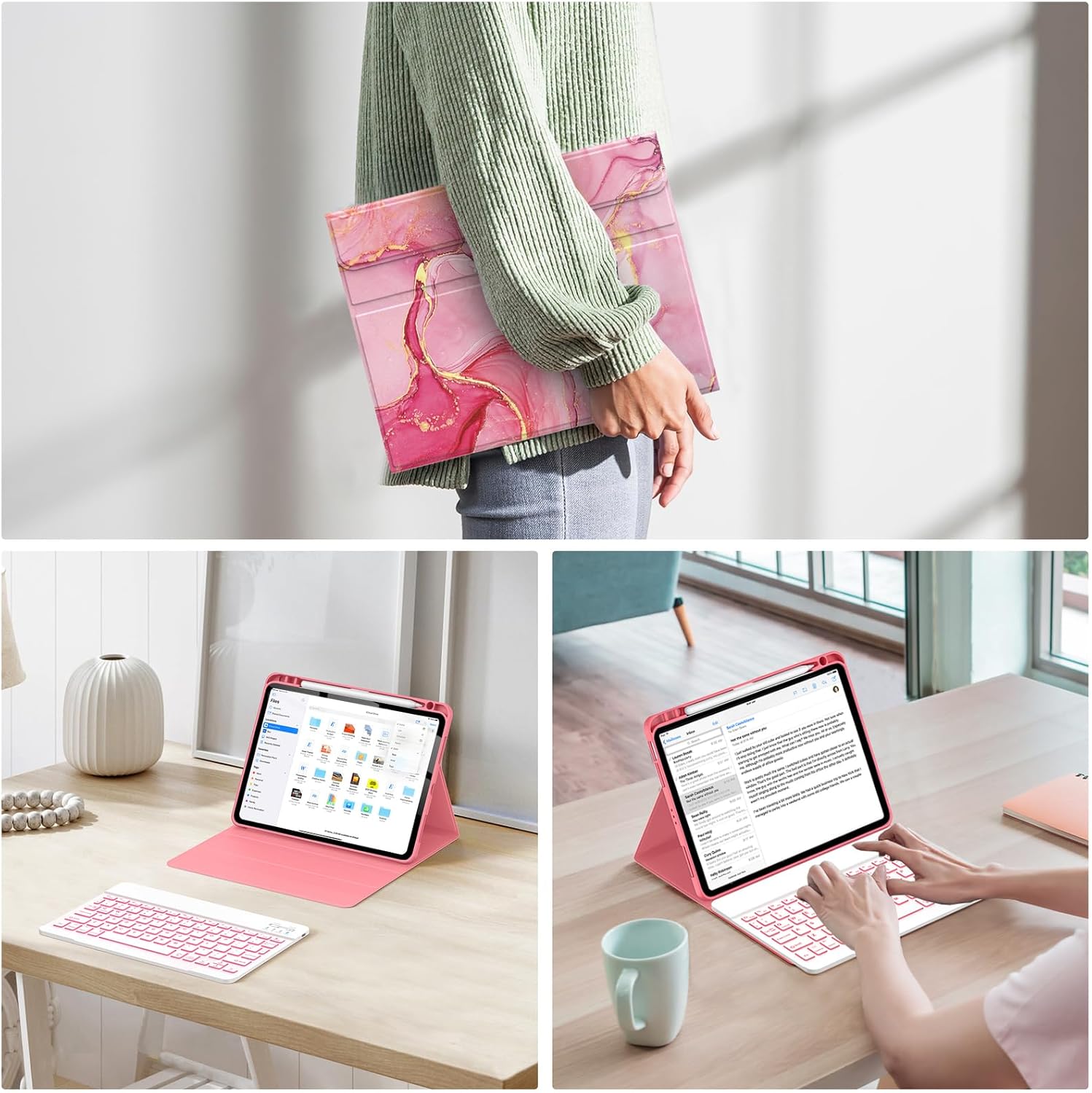 Soke Keyboard Case for iPad Air 11 Inch(M3 2025/M2 2024) & Air 5th/4th Generation - 7 Color Backlit Detachable Keyboard Cover with Pencil Holder, Watermelon Marble