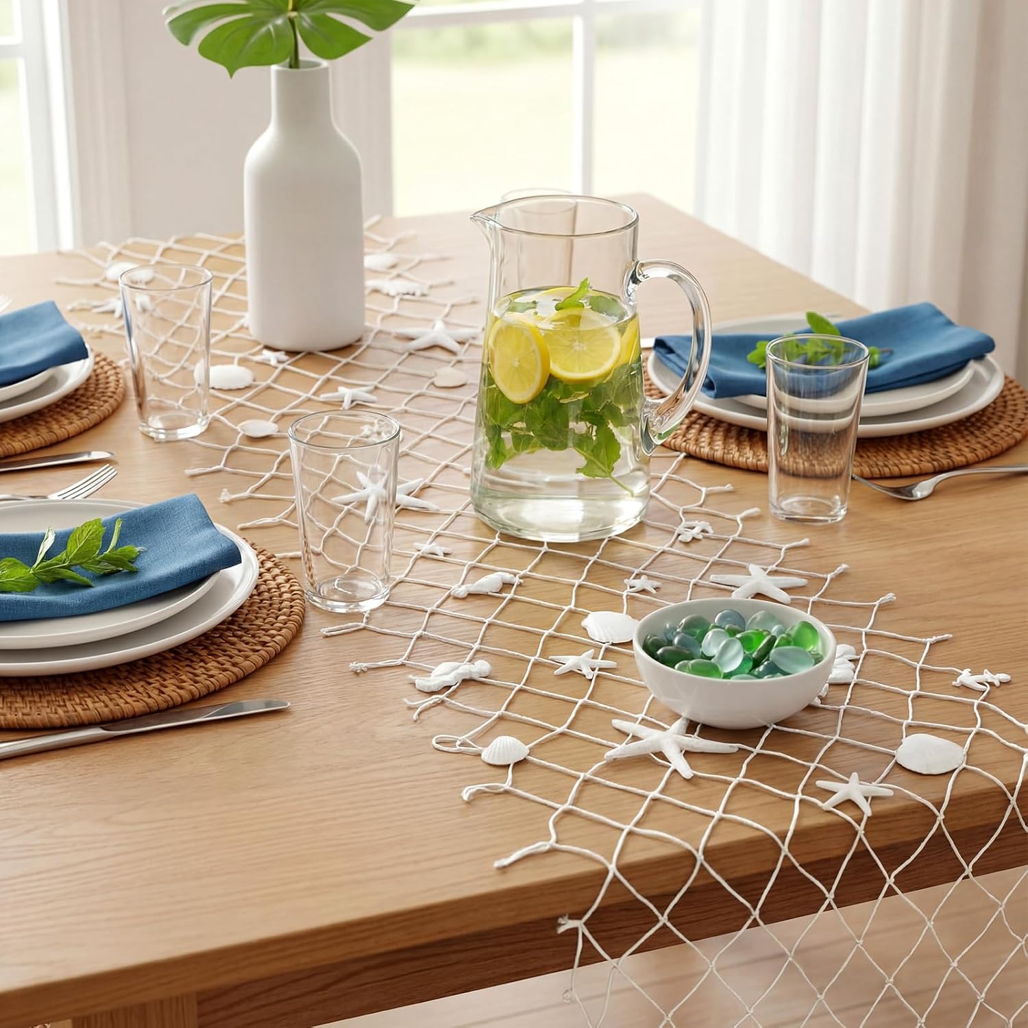 LemonRoad 13 x 72 Inch Nautical Fish Net Table Runner Fish Net Decoration with 34 Pcs Starfish Seahorse and Seashells for DIY Assembly for Ocean Nautical Beach Themed Party Decor(White)