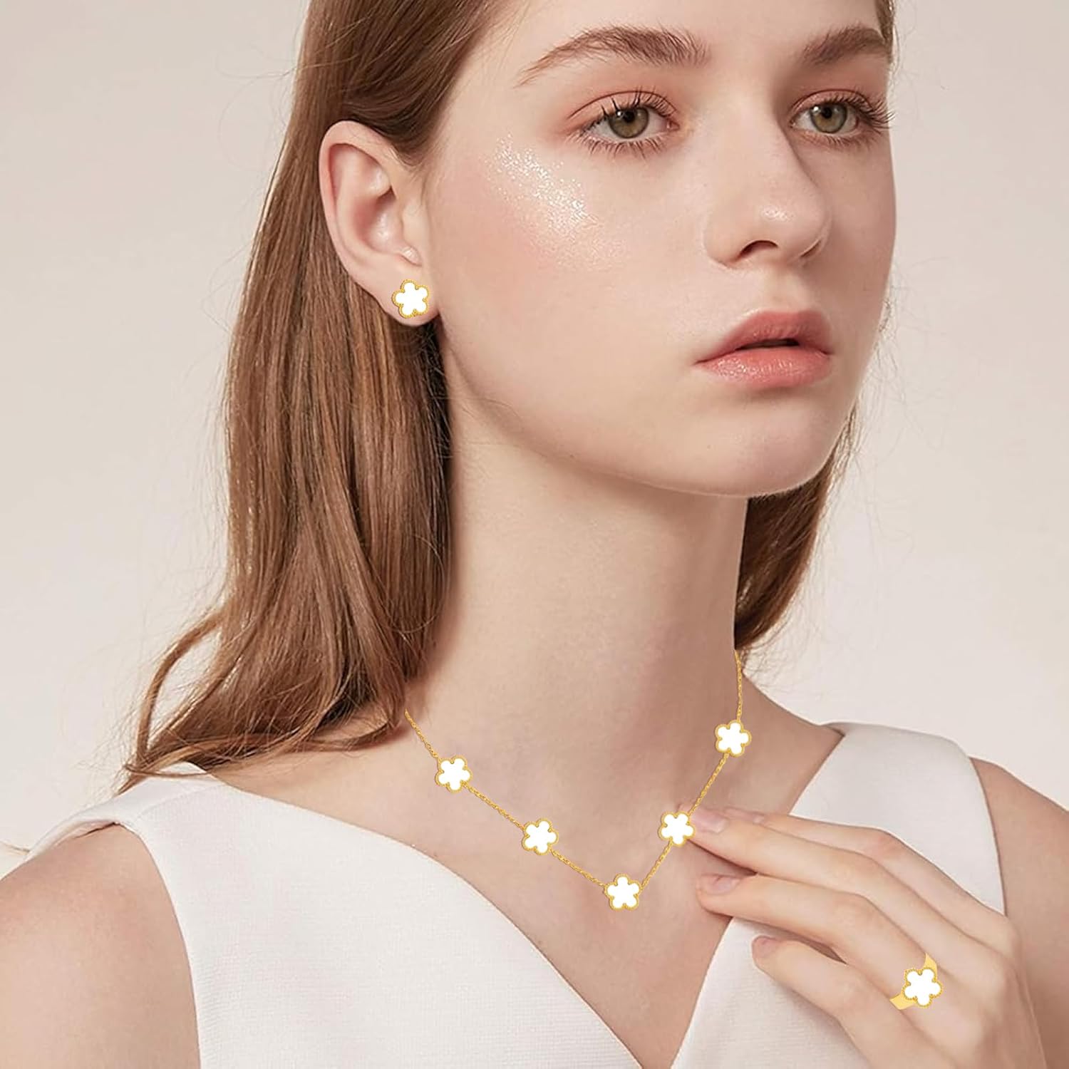 5 Pieces Lucky Clover Jewelry Set for Women Gold Jewelry Set 18K Gold Plated Flower Design Five Leaf Necklace Bracelet Ring Earrings for Women - Image 6