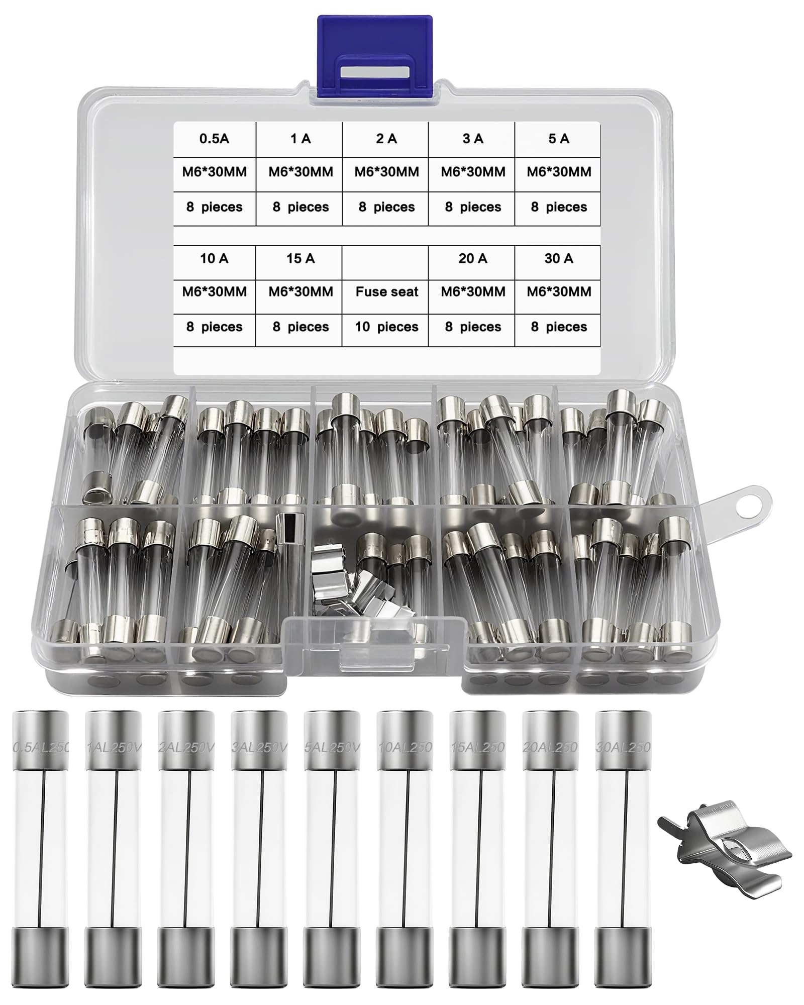 IZTOSS 72pcs 6x30mm Fast-blow Glass Fuses Quick Blow Car Glass Tube Fuses Assorted Kit Amp 0.5A,1A,2A,3A,5A,10A,15A,20A,30A and 10pcs fuse seat by IZTOSS