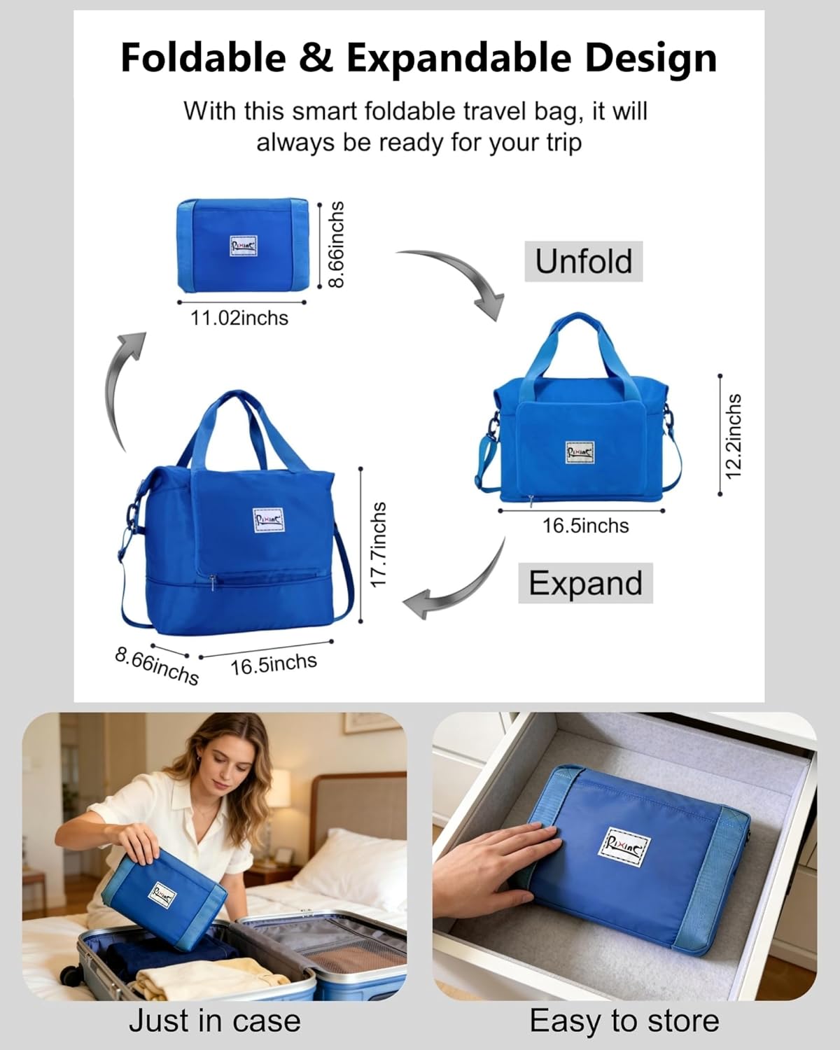Stylish Women's Foldable Travel Duffel Bag, 40L Personal Item Travel Bag Flight Approved with Wet Pocket, Lightweight Carry On Overnight Tote for Travel, Gym, Weekend Getaway (Blue)