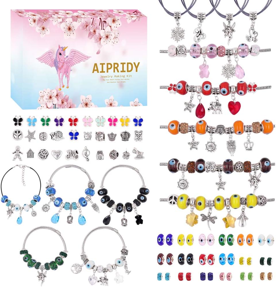 140 Pcs DIY Jewelry Making Kit Gift for Adults and Kids, European Lampwork Chamilia Beads Metal Spacer Beads Rhinestone Charms Supplies for Bracelet Necklace Jewelry Making Kit (Eye)
