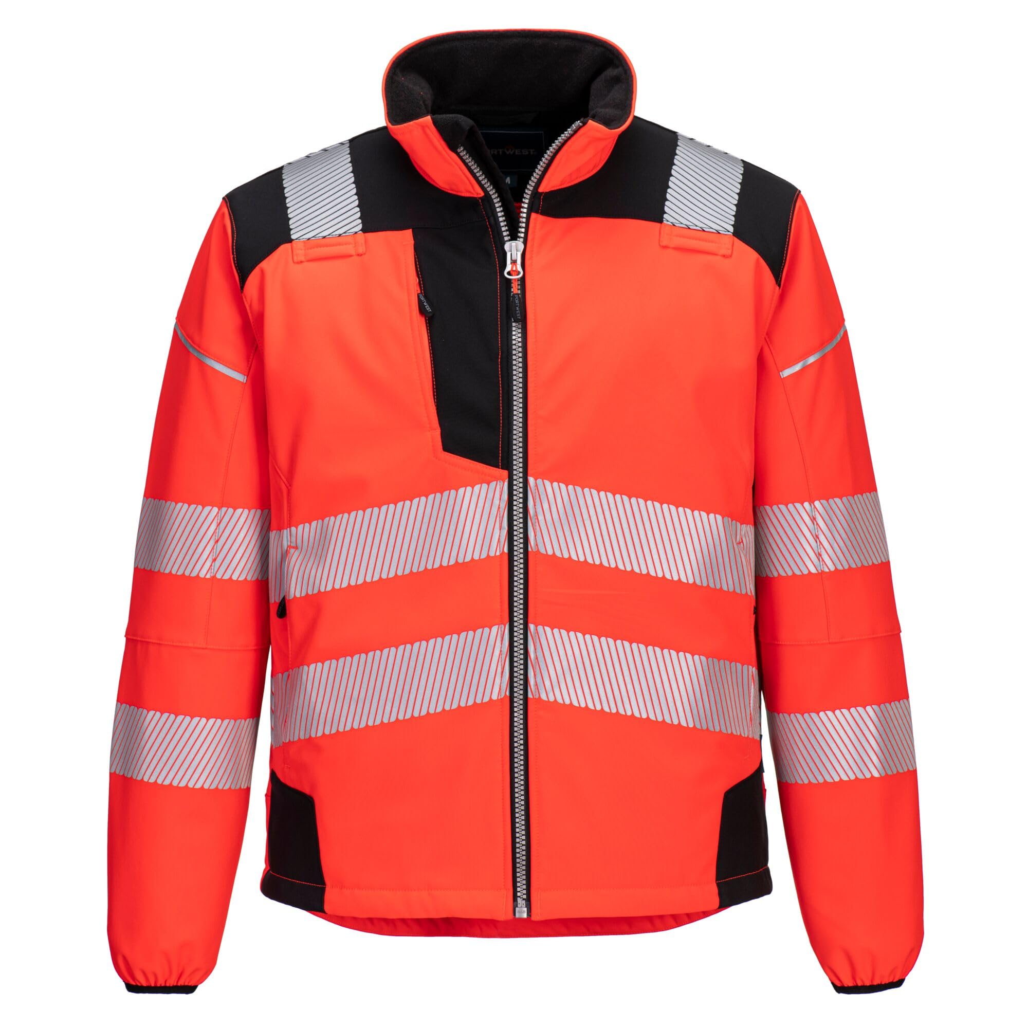 Portwest T402 Men's PW3 Hi Vis Safety Jacket - Windproof Water Resistant High Visibility Reflective Softshell Jacket Red/Black, Medium