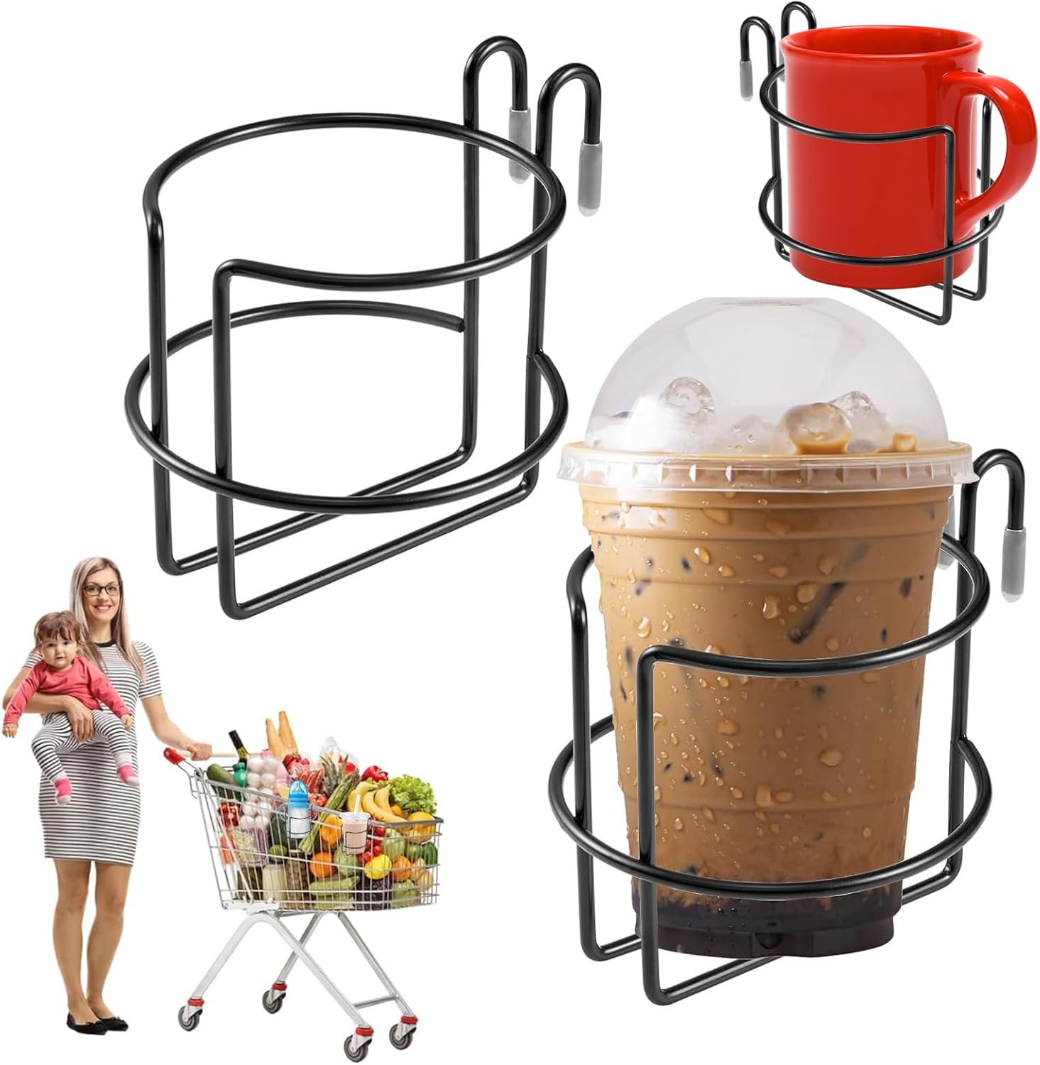 2 Pcs Shopping Cart Cup Holder with Bottom Bar, Updated Portable Cup Holder Reusable Grocery Cart Drink Holder Stainless Steel Cups Holder for Hanging Stanley Cup Coffee Cup Baby Bottle (Black)