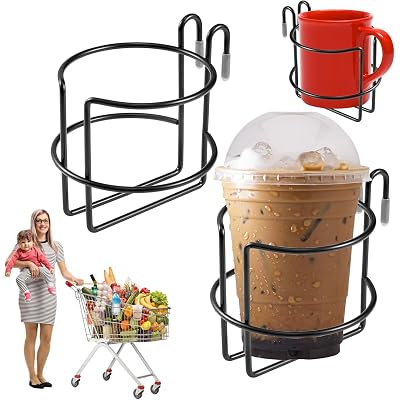 2 Pcs Shopping Cart Cup Holder with Bottom Bar, Updated Portable Cup Holder Reusable Grocery Cart Drink Holder Stainless Steel Cups Holder for Hanging Stanley Cup Coffee Cup Baby Bottle (Black)