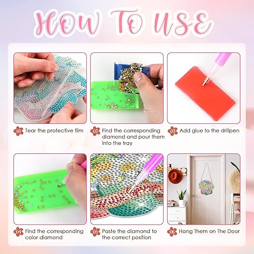 Miniatura 4 de clothmile Juego de 6 letreros colgantes de puerta de diamante de primavera, kit de arte de diamantes de flor de gnomo, kits de manualidades de