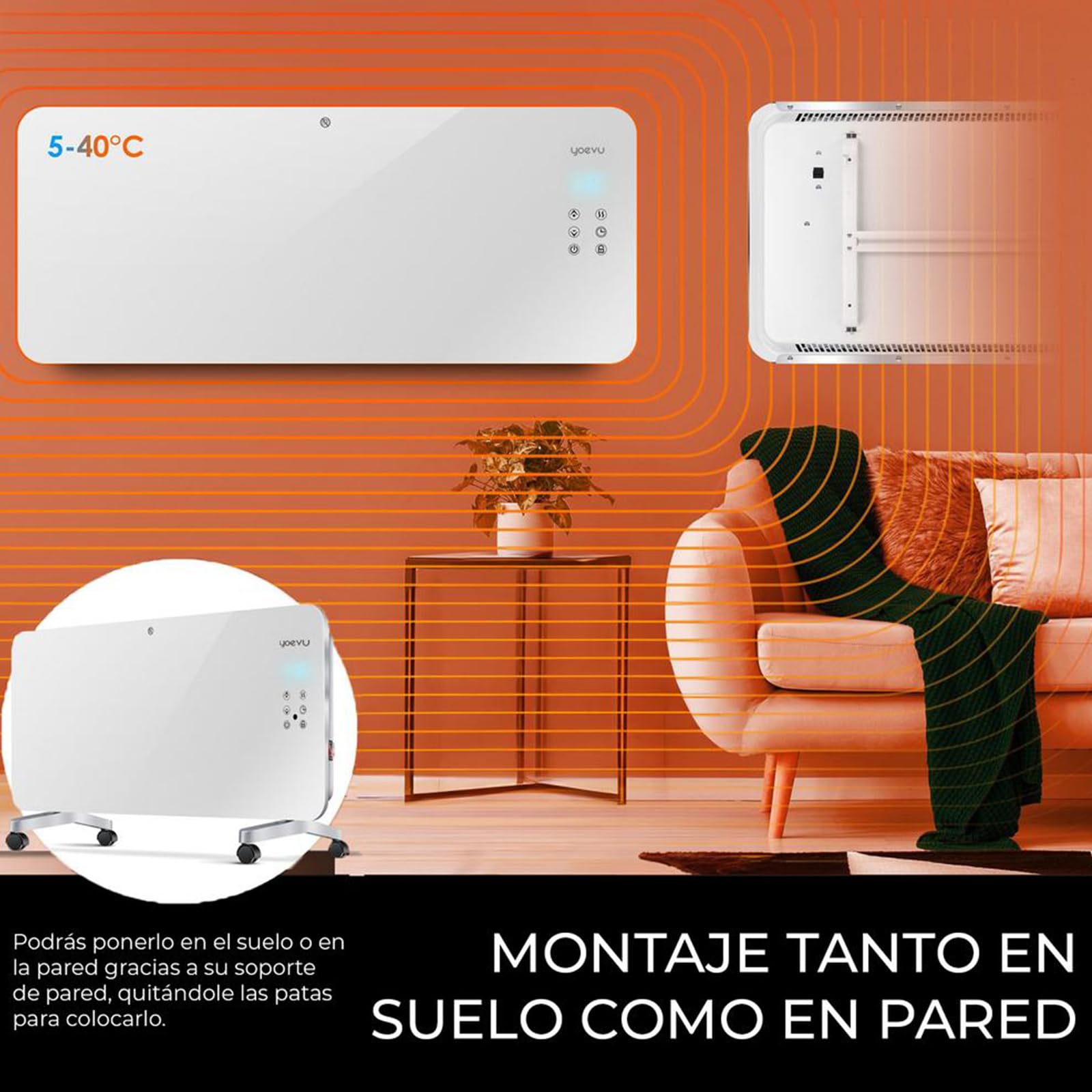 YOEVU | Radiador eléctrico bajo consumo 1500W | Programable con control móvil y WIFI | Termostato regulable | Soporte con ruedas | IP24 | Protección sobrecalentamiento | Blanco
