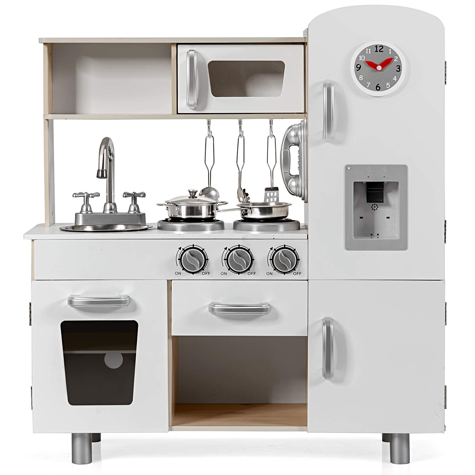 HOMASIS Cucina Giocattolo per Bambini Bianco, in Legno con l'Orologio, Set da Gioco Educativo dai 3 Anni in Su