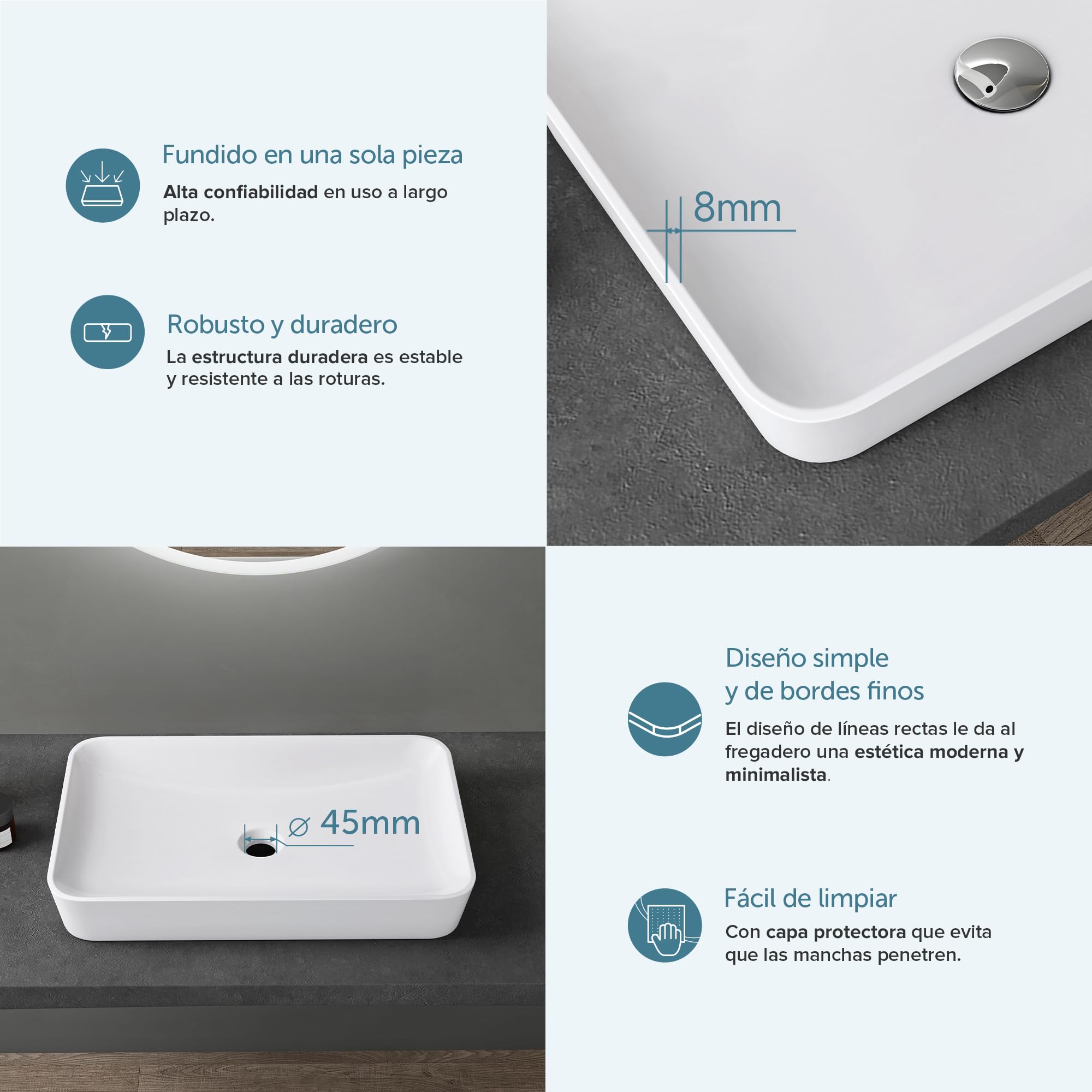 doporro Lavabo Sobre Encimera Rectangular 60x40x9 cm, Mármol Fundido Blanco Mate con Recubrimiento Nano, Conexión Estándar DIN, Colossum815