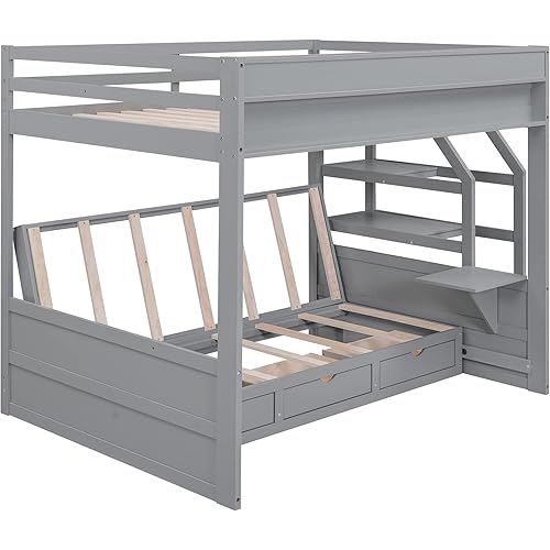 Harper & Bright Designs Full Over Full Bunk Beds with Stairs and Small Shelf, Wood Convertible Bunk Bed can be Converted into Daybed (Gray)