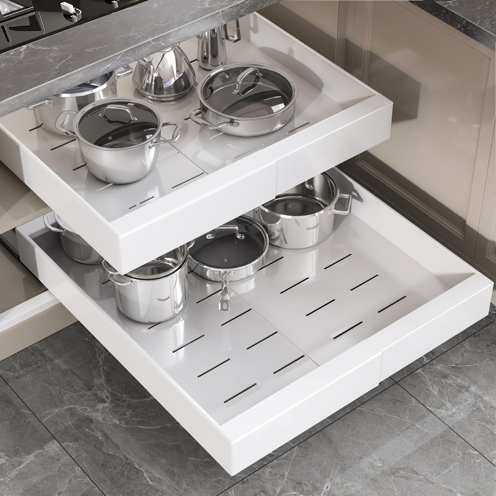 Photo 1 of ***FACTORY SEALED - OPENED FOR INSPECTION***Seinloes 2 Pack Pull Out Cabinet Organizer 24" Deep,Full Extension 3 Slide Rails Slide Out Drawers With Raising Pad for Framed Cabinets,Expandable Width (12.3"-20.5"),No Drill Roll Out shelf,White
