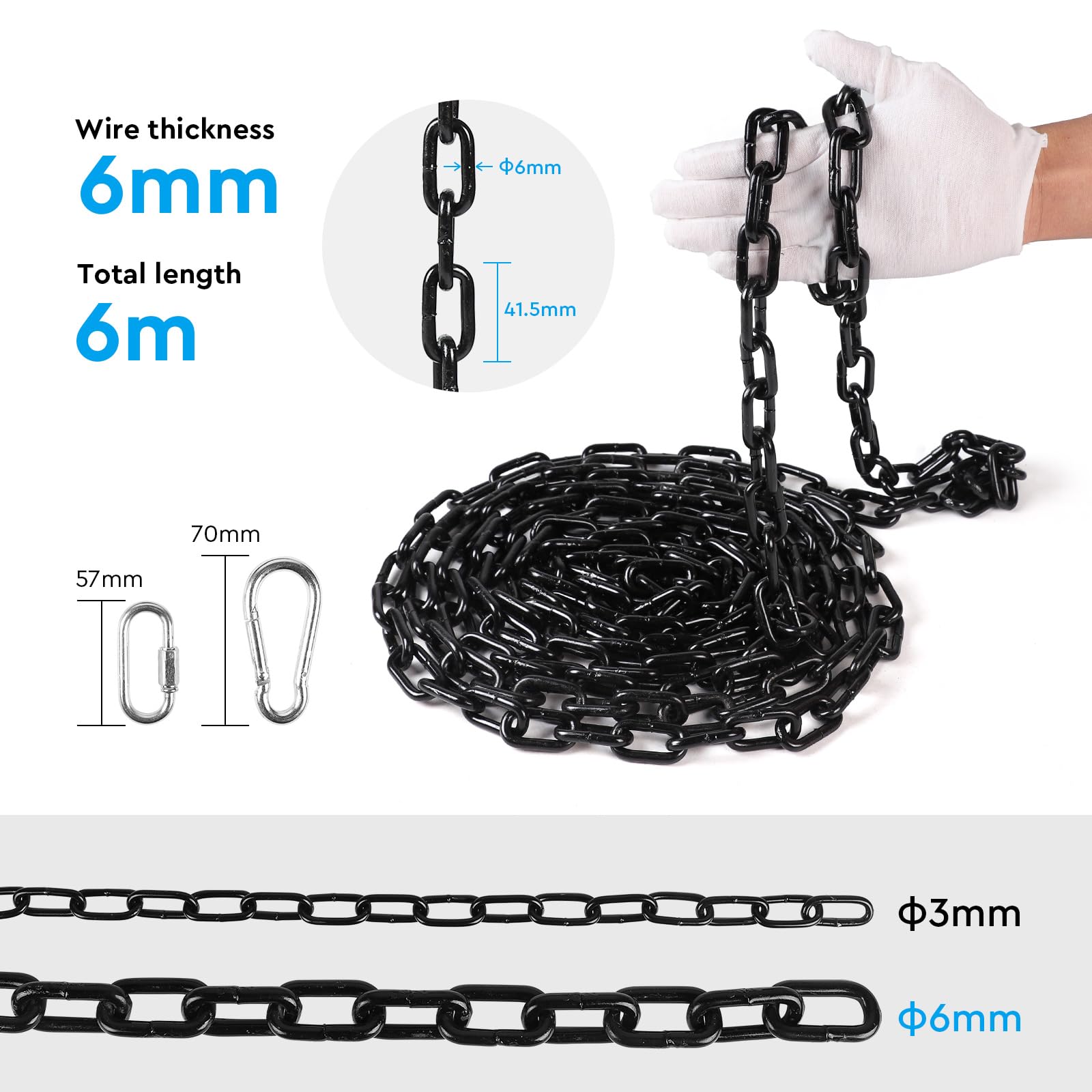 SWAWIS 6m Catena in Acciaio al Carbonio Ø 6mm, con M6 Anello Rapido e Moschettone a Molla, Catena in Metallo per Catene Divisorie, Altalene e Sedie Sospese (Nero)