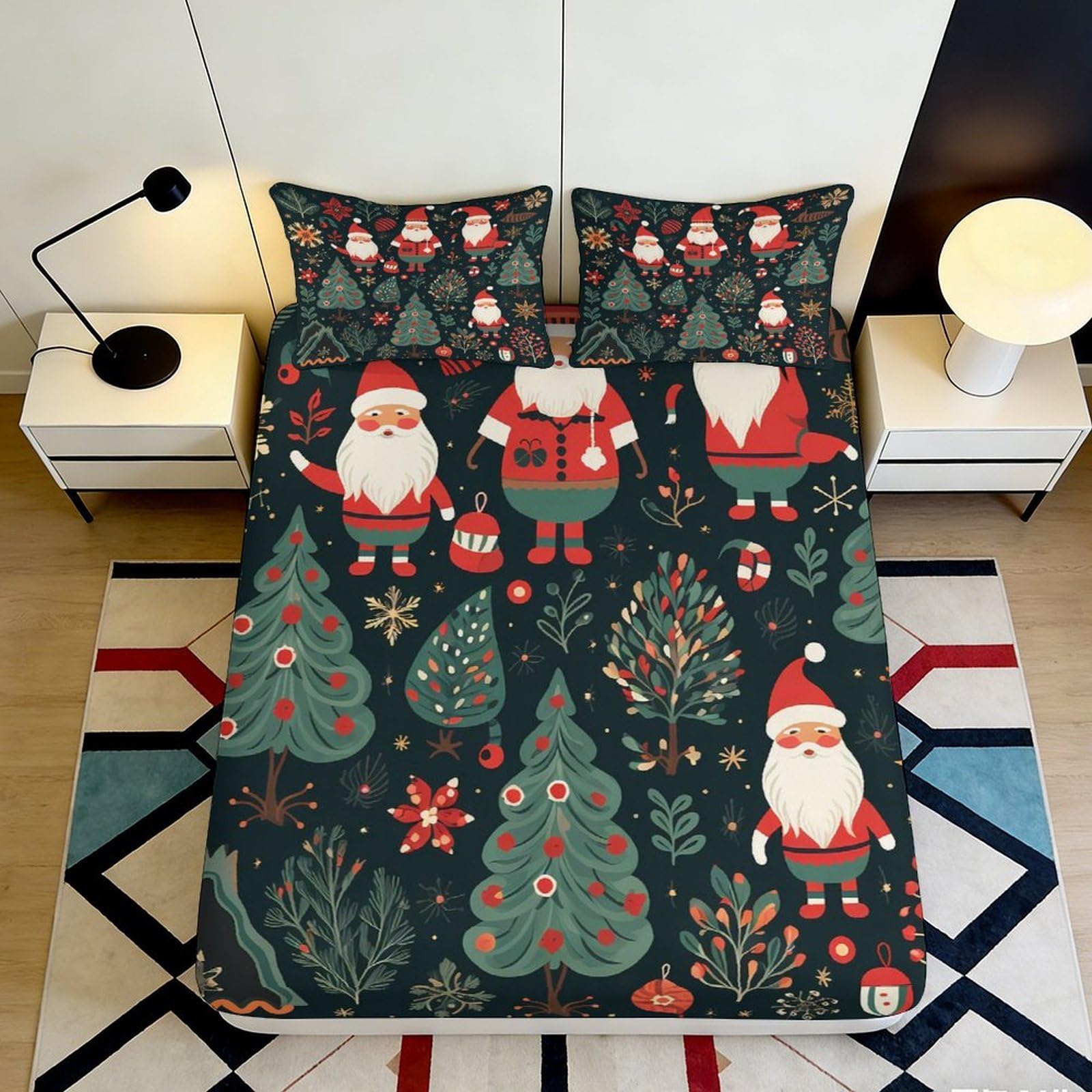3D Printed Christmas Santa Fitted Sheet Microfiber Soft Anti-Slip Xmas Tree Mattress Cover for Bedroom Guest Room Holiday Decor 200x200x25cm